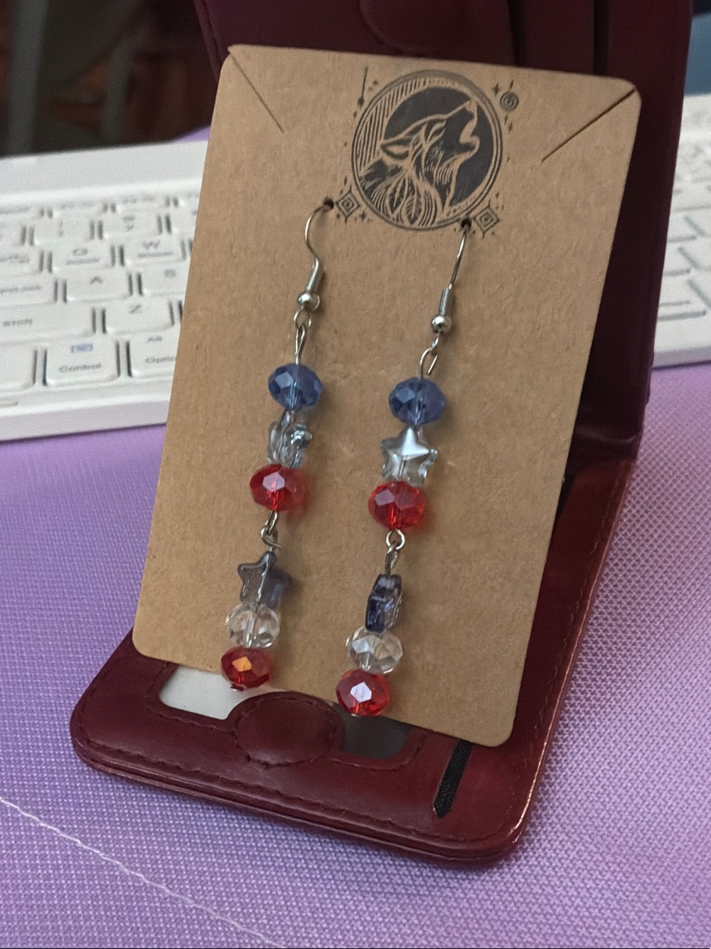 Beaded Red and Blue Star Drop Earrings